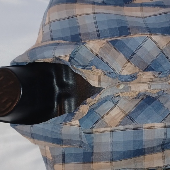 Pendleton ruffle shirt blue/tan plaid button down, cotton, fitted - Picture 2 of 7